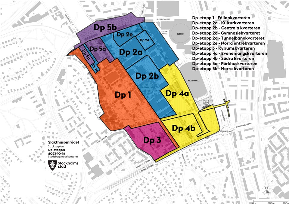 Strukturplan för utvecklingen i Slakthusområdet med olika etapper och detaljplaner.